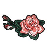 Geborduurde Zalmroze Roos Met Knoppen En Blad Strijk Patch 15 cm / 8.5 cm / Roze Wit Groen