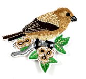 Bruin Vogel Musje  Op Tak Met Bloemetjes Strijk Patch 5,5 x 8,2 cm