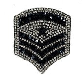Military Rang Strepen Strijk Embleem Patch Crystal Kralen / Strass Steentjes 6 cm / 7.2 cm / Zwart Zilver