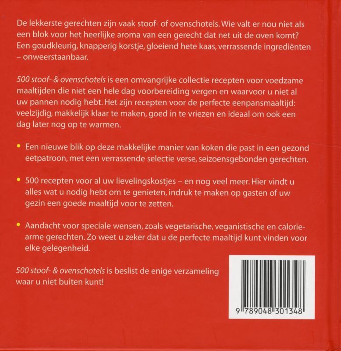 Boek met tekst over 500 stoof- en ovenschotels, met recepten voor eenpansmaaltijden.