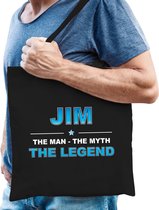 Naam cadeau Jim - The man, The myth the legend katoenen tas - Boodschappentas verjaardag/ vader/ collega/ geslaagd