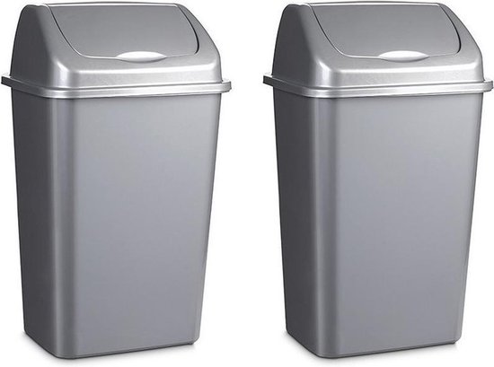 2x stuks kunststof afvalemmers/vuilnisemmers in het zilver van 15 liter met  deksel -... | bol.com