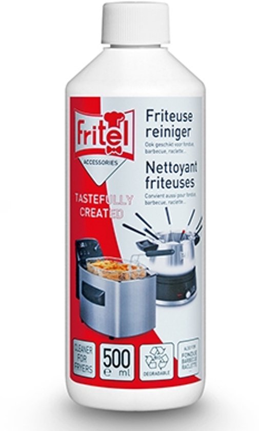 Fritel friteuse reiniger 500 ml met afbeelding van een frituurmandje.
