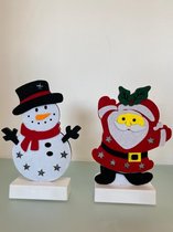 Kerst decoratiebeeld van vilt: kerstman en sneeuwpop - set van 2 stuks (LED verlichting)