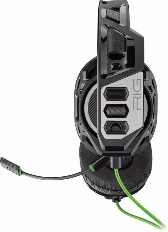 Zwarte RIG gaming headset met groene accenten en een microfoon.