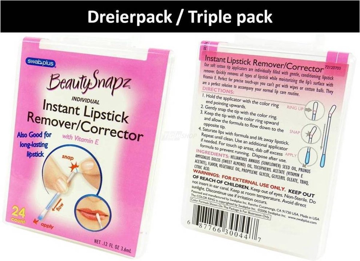 SwabPlus Beauty Snapz Instant Lipstick Remover Corrector Reinigende Vitamine E - 3-Pack