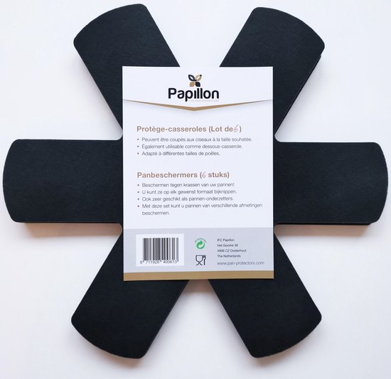 Zwarte panbeschermers met het Papillon logo en productinformatie.