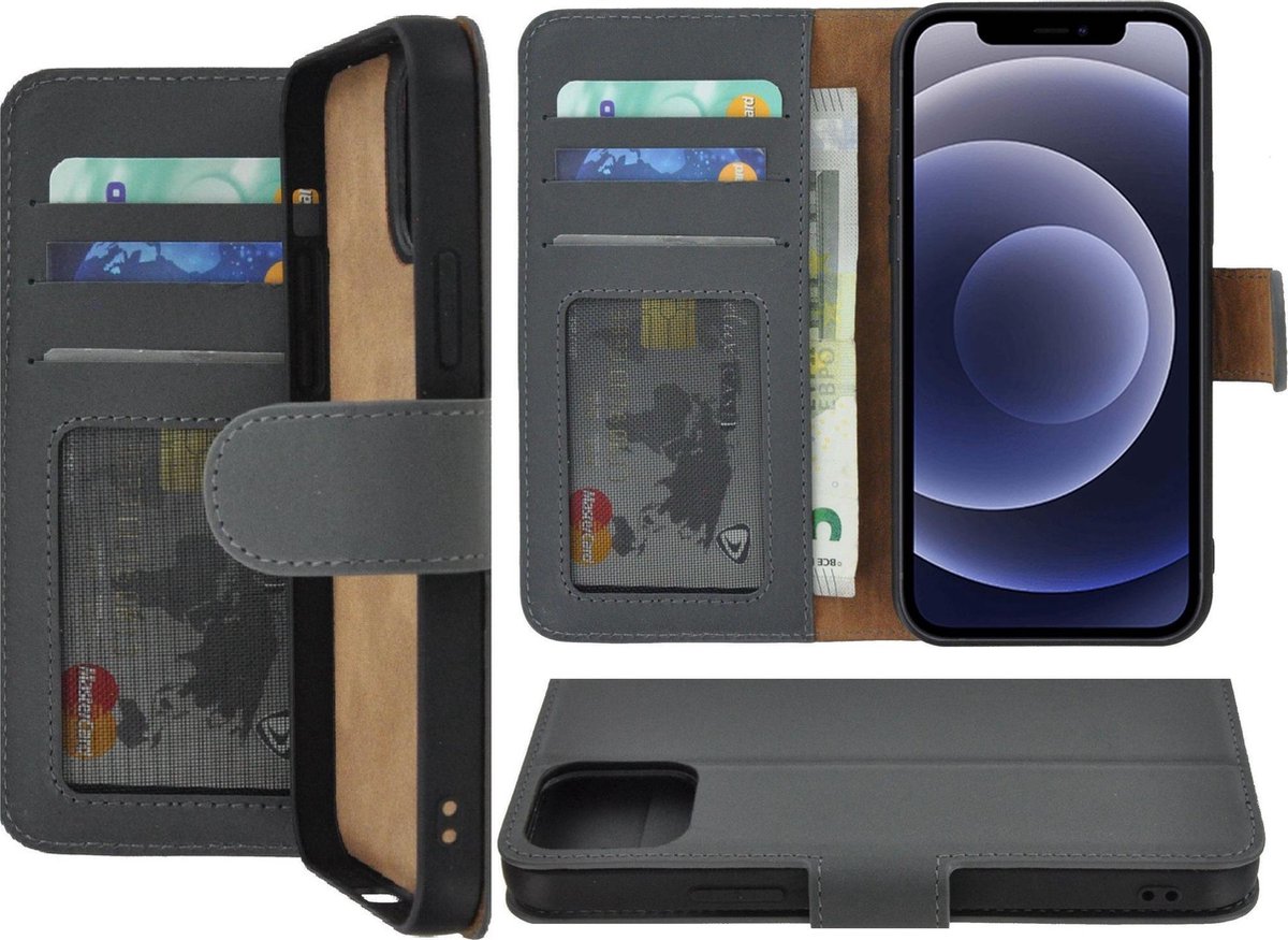 Geschikt voor Iphone 12 Hoesje - Bookcase - Iphone 12 Hoesje Portemonnee wallet Echt Leer Grijs Cover