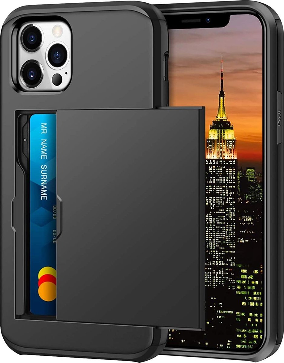 Pasjeshouder Hoesje Geschikt voor Apple iPhone 12 Pro Max – Shockproof Hardcase Backcover met Verborgen Kaartvak – Zwart
