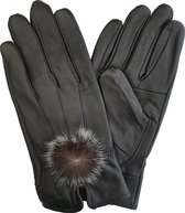 Fleece gevoerde leren dames handschoenen met bontje kleur zwart maat M