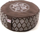 Flowee Meditatiekussen - Rond - Grijs met een zilverwitte print rondom en een geborduurde mandala bovenop
