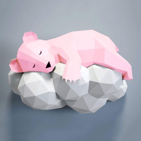 Foto: 3d papercraft kit slapend beertje compleet knutselpakket met snijmat liniaal vouwbeen mesje 60 cm roze wit