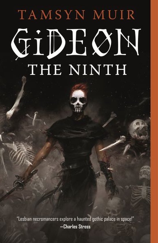 Titel: Gideon the Ninth, met op de omslag een skeletachtig figuur met een masker, omringd door botten en schedels.