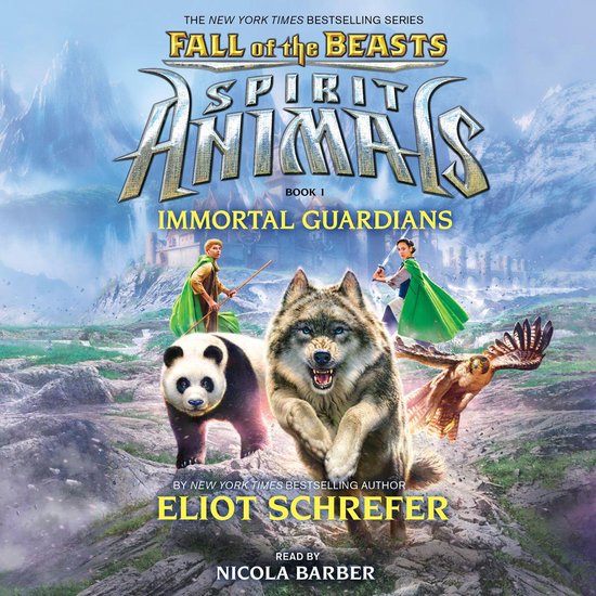 Spirit Animals: Fall of the Beasts, Book 1, Immortal Guardians. Een wolf, panda en adelaar komen in actie voor een bergachtig kasteel.