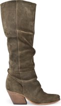 PS Poelman Dixie Slouchy Dames Leren Suéde Retro Western Laarzen - Groen Kaki - Maat 41