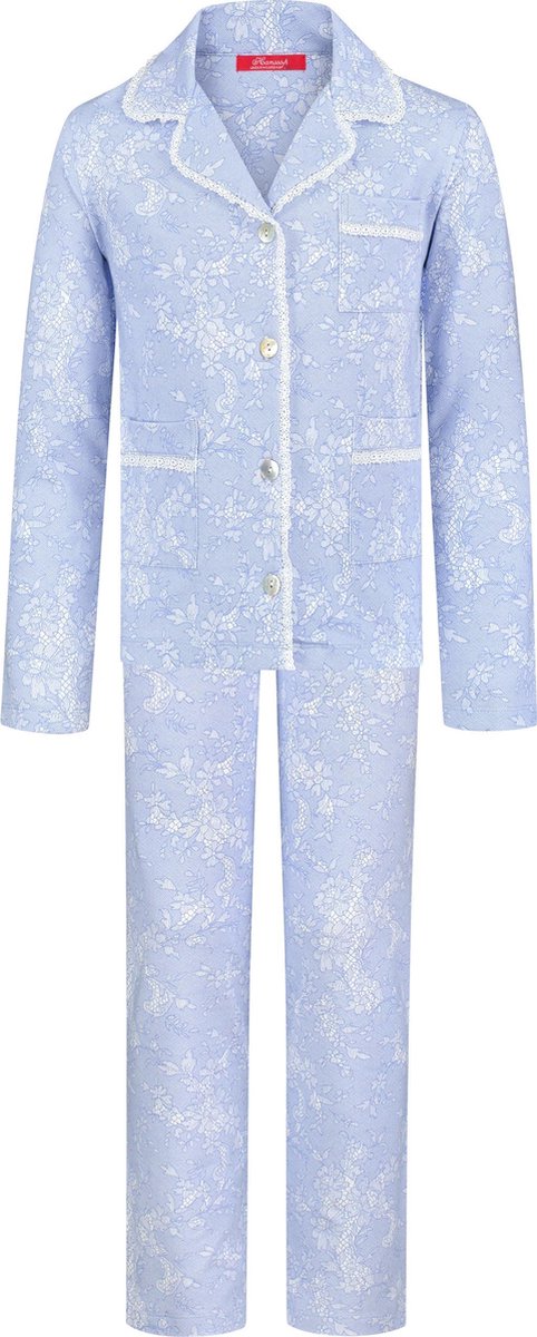 Exclusief Luxueus Kinder nachtkleding Luxe mooie zacht blauwe Girly Pyjama van Hanssop met verfijnde kant rand details en luxe kraag verwerking, Meisjes Pyjama, zacht unieke blauwe kant design print, maat 128