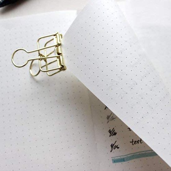 Papier met kleine stippen, gebonden met een goudkleurige binderclip. Enkele notities zichtbaar.