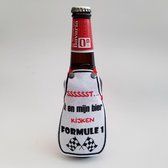 Wit schortje voor bierfles met "Sssssst... Ik en mijn bier kijken Formule 1" - biertje, vaderdag, vader, moederdag, moeder, verjaardag, cadeautje, pilsje