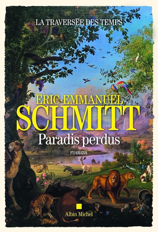 Couverture du livre 'Paradis perdus' d'Eric-Emmanuel Schmitt, avec une illustration colorée d'animaux et de plantes dans un cadre paradisiaque.