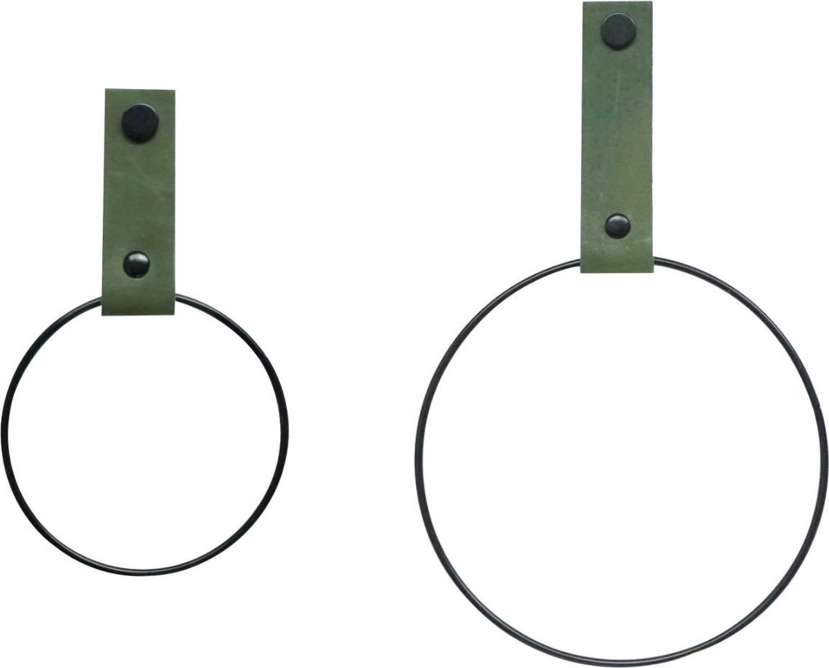 SETPRIJS! 2x Leren Handdoekring | KAKI - maat S + M (handdoekhanger - handdoekhaakje)