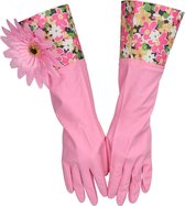 Huishoudhandschoen roze met bloem - medium - luxe gloves latex