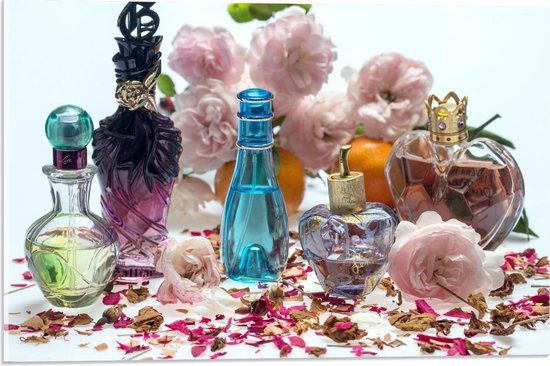 Acrylglas - Verschillende Parfums met Bloem Blaadjes - 60x40cm Foto op Acrylglas (Wanddecoratie op Acrylglas)