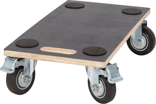 Zwarte transportroller met een houtkleurig platform, vier zwarte antislipnoppen en vier zwenkwielen.