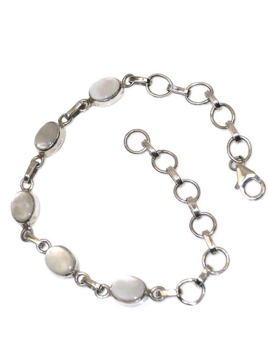 925 Zilveren dames armband met 5 ovale parelmoer stenen - lengte 15 tot 20.5 cm verstelbaar