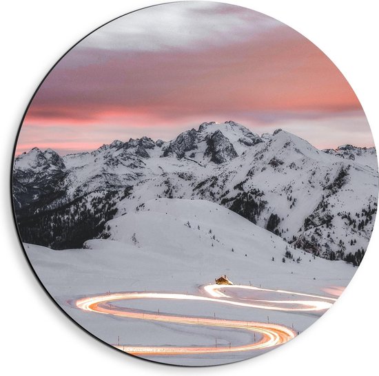 Dibond Wandcirkel - Lichtgevend Pad in de Sneeuw - 40x40cm Foto op Aluminium Wandcirkel (met ophangsysteem)