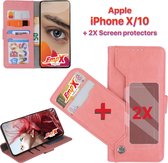 EmpX.nl Apple iPhone X/XS Rose Goud Boekhoesje en 2x Screen Protector | Portemonnee Book Case | Met Multi Stand Functie | Kaarthouder Card Case | Beschermhoes Sleeve | Met Pasjesho