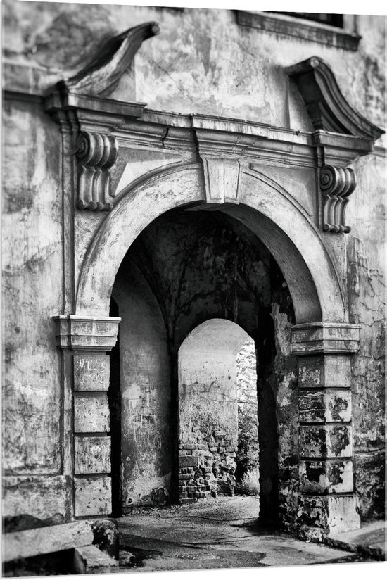 Acrylglas - Ingangspoort van Gebouw (zwart/wit) - 80x120cm Foto op Acrylglas (Met Ophangsysteem)
