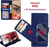 EmpX.nl Huawei P40 Donker Blauw Boekhoesje en 2x Screen Protector | Portemonnee Book Case | Met Multi Stand Functie | Kaarthouder Card Case | Beschermhoes Sleeve | Met Pasjeshouder