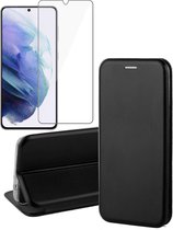 Hoesje geschikt voor Samsung Galaxy S21 Plus - Screen Protector GlassGuard - Book Case Leer ThinShield Zwart & Screenprotector