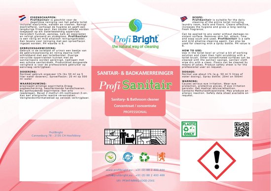 ProfiBright Zakelijk - ProfiSanitair - Sanitairreiniger - Badkamerreiniger - Fris van geur - Navul - Concentraat - HACCP - Dierproefvrij - 1 liter
