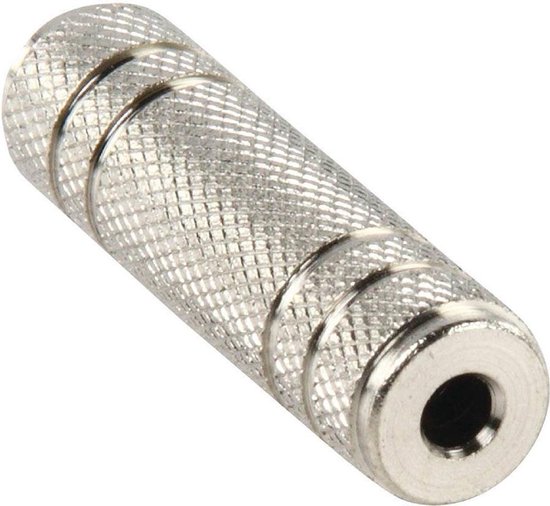Metaalkleurig 3.5mm koppelstuk met geribbelde textuur aan beide zijden en een opening aan het uiteinde.