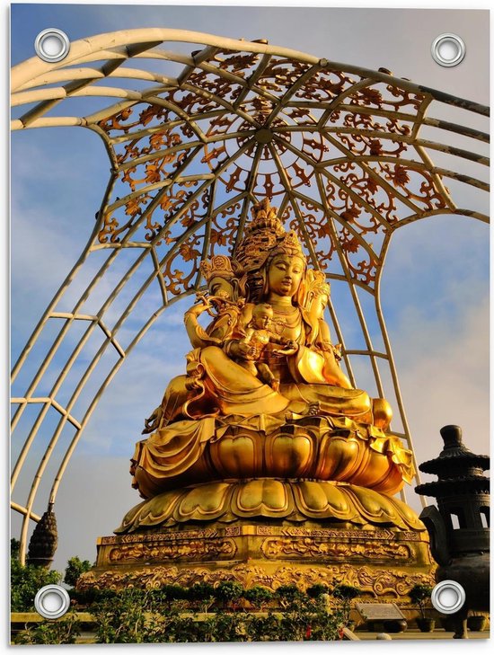 Tuinposter – Groot Goud Boeddha Standbeeld - 30x40cm Foto op Tuinposter  (wanddecoratie voor buiten en binnen)