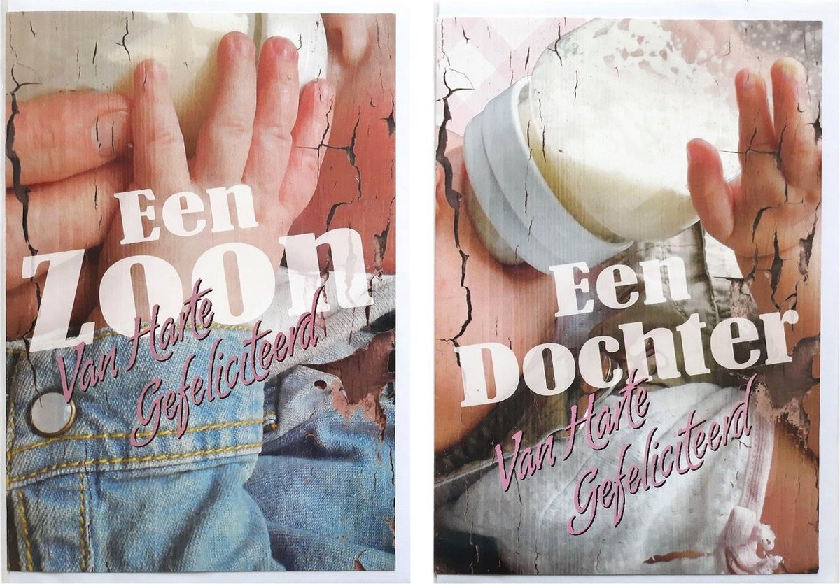 2 Wenskaarten - Geboorte Kaarten – Een Zoon + Een Dochter – 12 x 17 cm