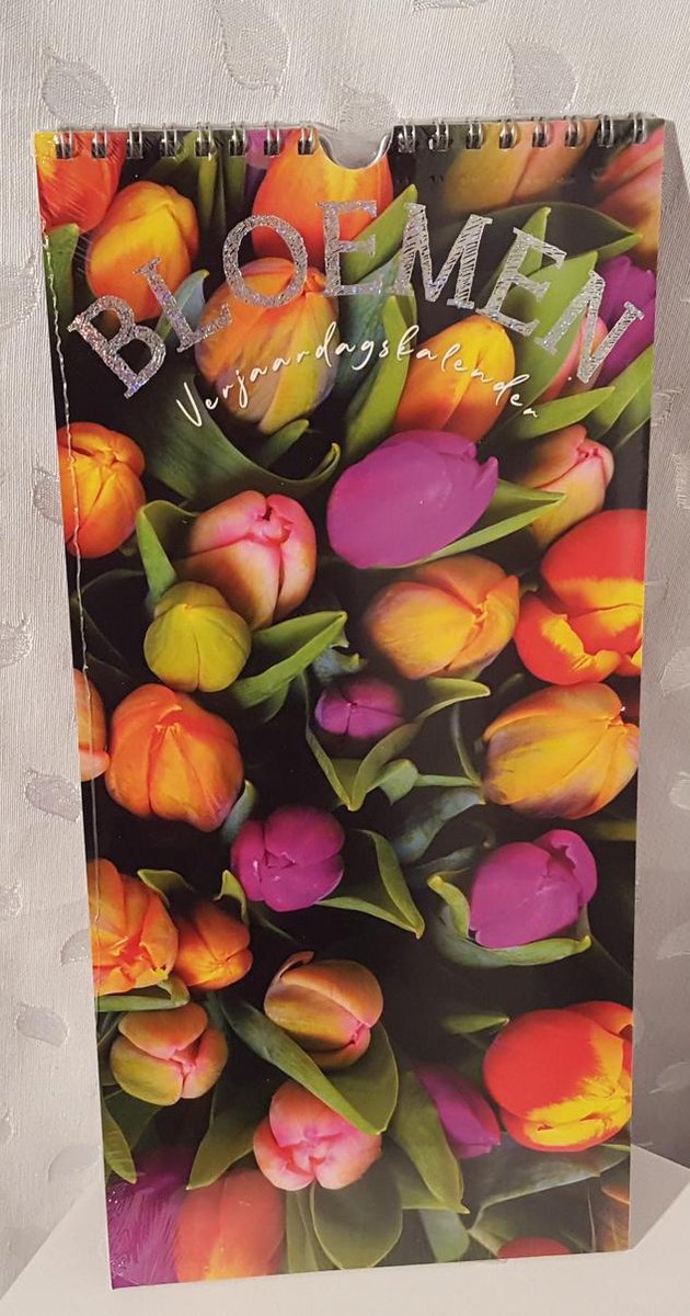LIBOZA - Verjaardagskalender - vrolijk met tulpen en mooie foto's - Met Eco Pen - Zilver opdruk - Makkelijk beschrijfbaar - Cadeau - Verjaardag - Moederdag - Vaderdag