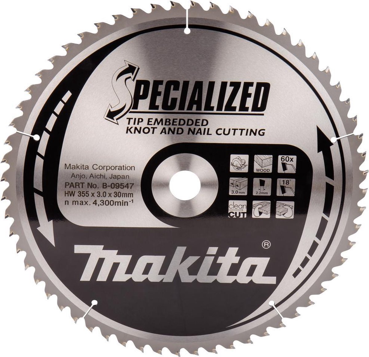 Makita B-09547 Cirkelzaagblad Hout (noest/spijker) | Embedded Tip | 355 x 30 mm | 60-tands