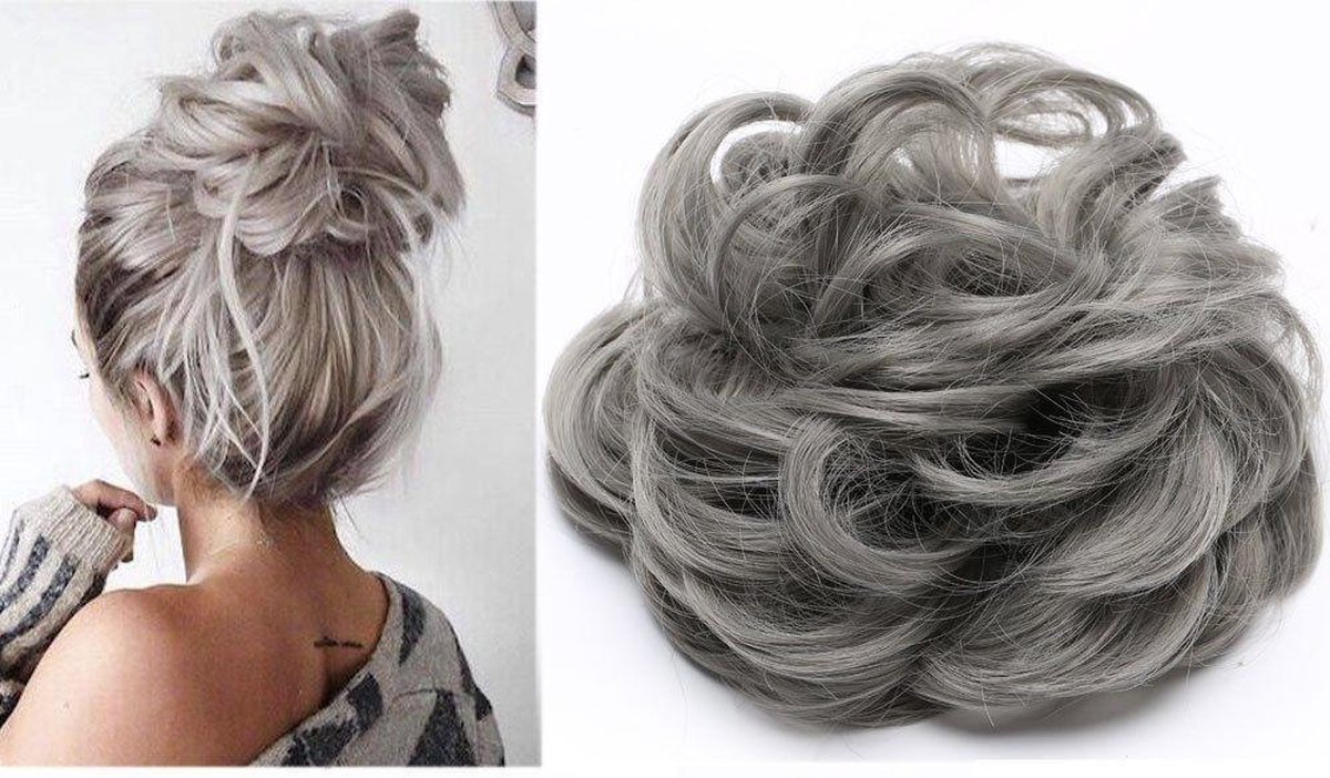 Updo Hairbun Messy Bun Haarstuk Kleur silver grey grijs zilver knot  hairextensions... | bol.com