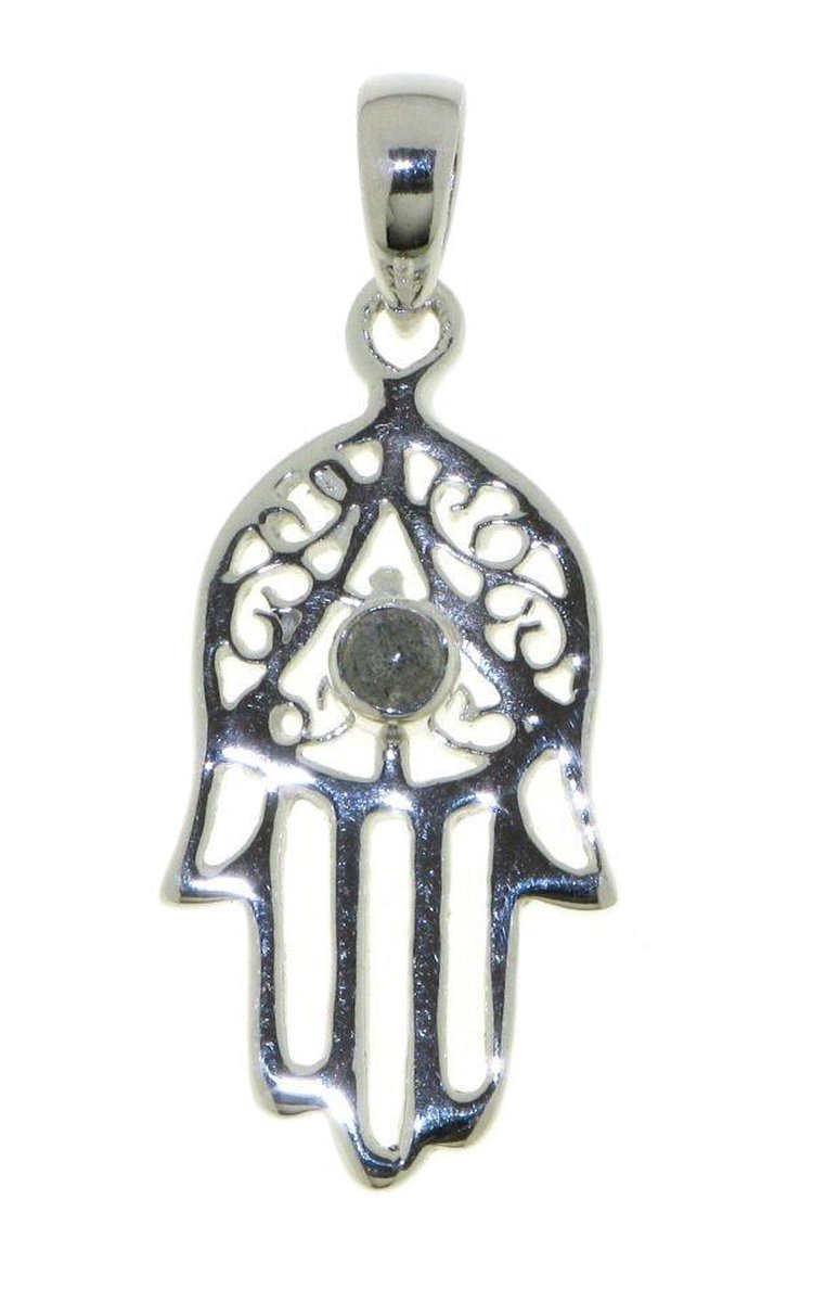 SilverGems Handje van Fatima, Hamsa handje zilveren hanger met Labradoriet edelsteen.