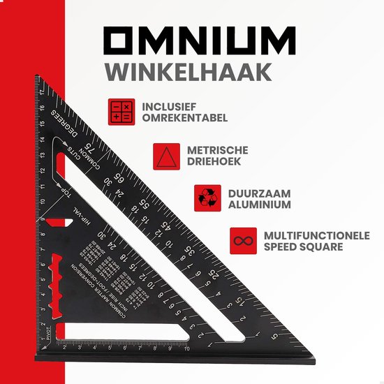 Omnium - Carré - Driehoek métrique - Speed Square - Crochet d'écriture - Crochet de bloc - Crochet à onglet - Triangle de mesure 5 en 1 - Zwart