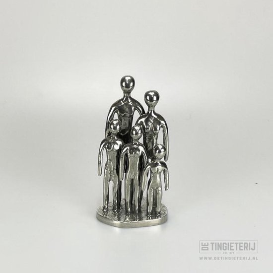 Sculptuur ''Het Gezin'' - Echtpaar + 3 Kinderen - Beeldje familie - klassiek - tinnen huwelijk - 10 jaar getrouwd - Cadeau Moederdag - Geschenk Moederdag