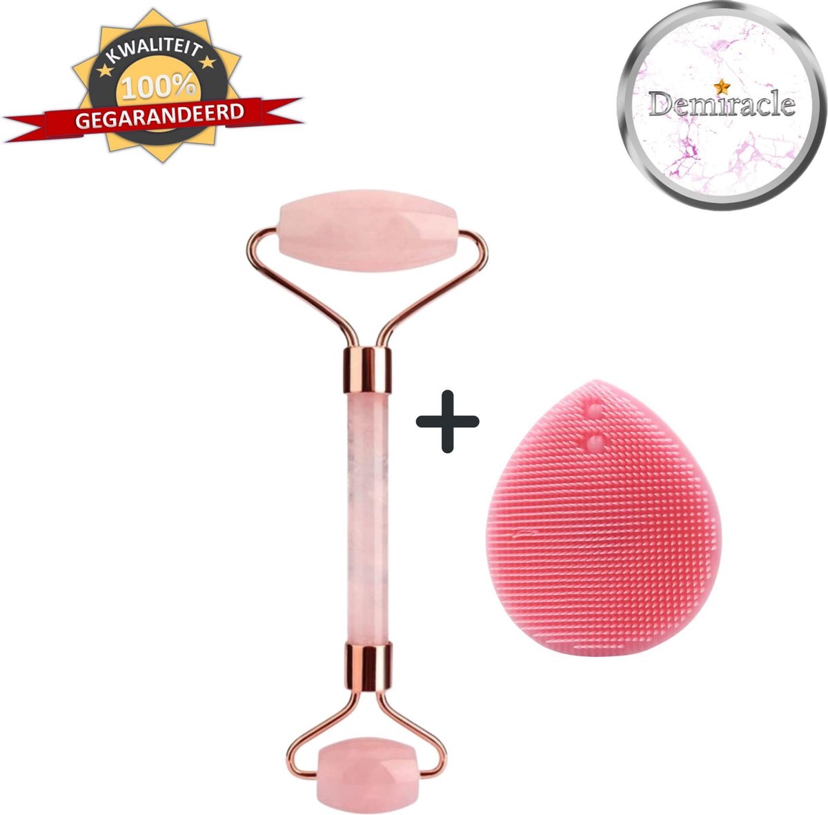 Demiracle Rose Quartz Face Roller met Roze Siliconen Gezichtsborstel - Valentijnsdag - Cadeau - Gezichtsroller - Massage Roller - Jade Roller - Rimpelverwijdering - Ontspanning - Kwaliteit