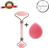 Demiracle Rose Quartz Face Roller met Roze Siliconen Gezichtsborstel - Valentijnsdag - Cadeau - Gezichtsroller - Massage Roller - Jade Roller - Rimpelverwijdering - Ontspanning - K