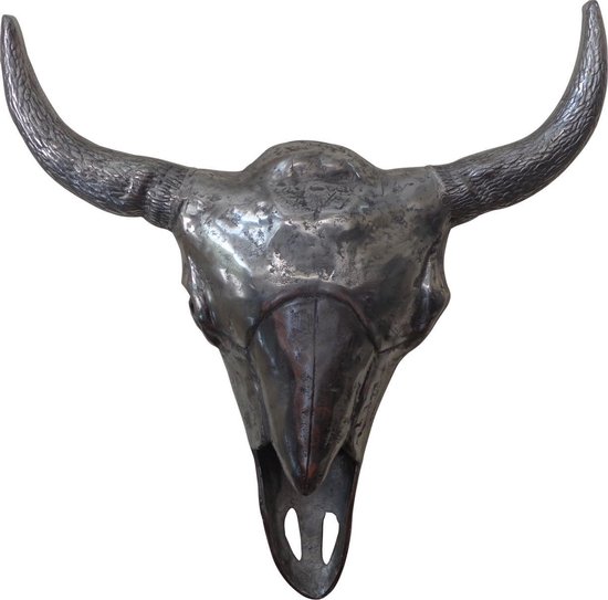 Bull XL decoratieve wandversiering nikkel kleur, materiaal aluminium 100cm breed,  90cm hoog
