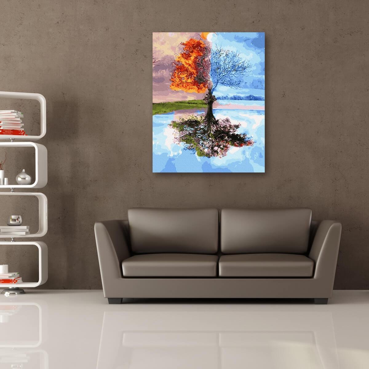 Schilderen Op Nummer Volwassenen DIY Paint By Number Compleet Hobby Pakket op Frame met Vernis - ®Arty Bee - Vier Seizoenen Boom 40x50cm — afbeelding 3