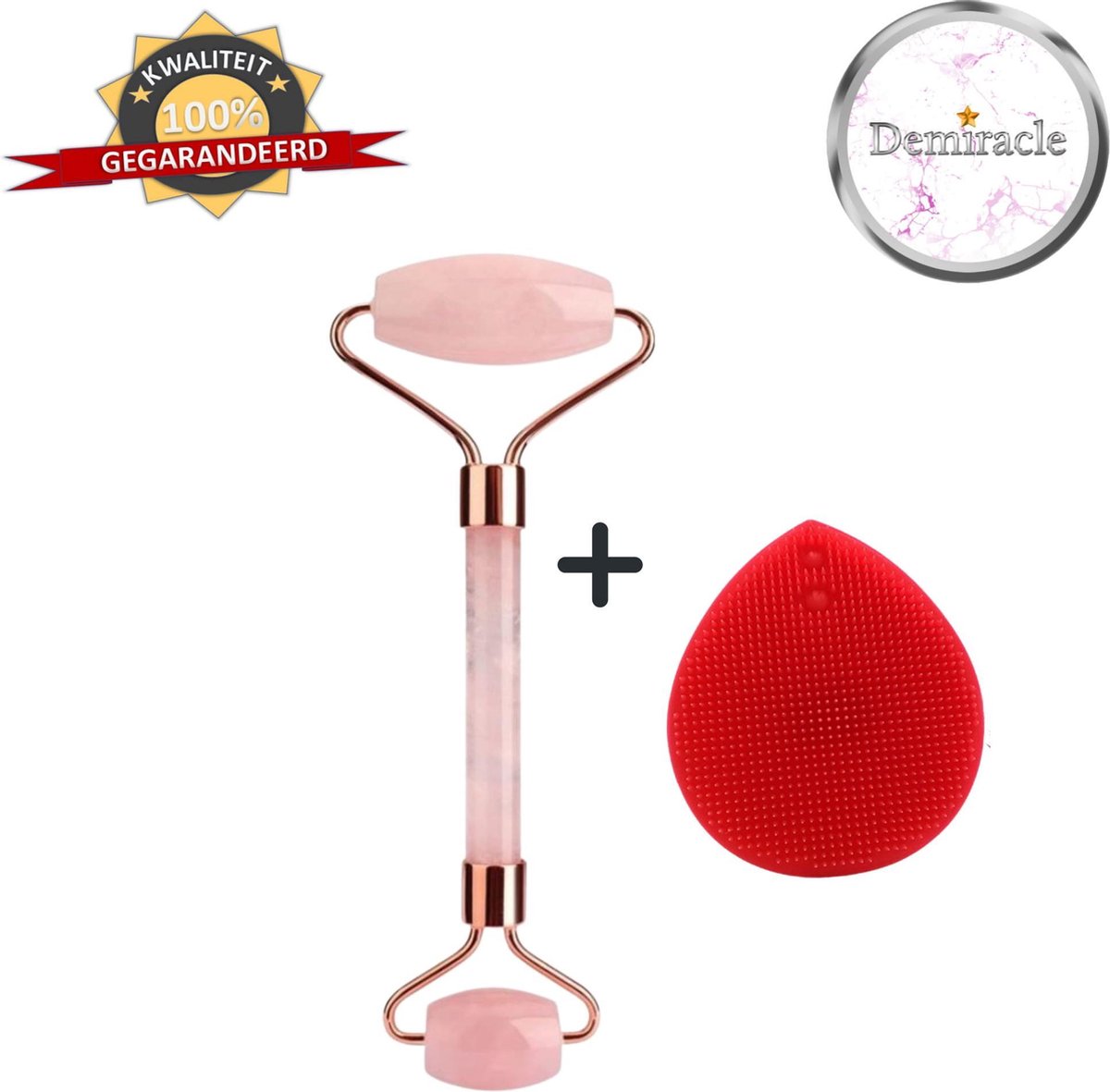 Demiracle Rose Quartz Face Roller met Rode Siliconen Gezichtsborstel - Valentijnsdag - Cadeau - Gezichtsroller - Massage Roller - Jade Roller - Rimpelverwijdering - Ontspanning - Kwaliteit
