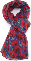 Lichte dames sjaal met klaprozen motief | blauw | mode accessoire | cadeau voor haar