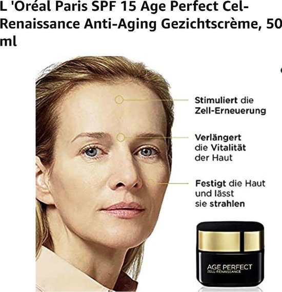 Een vrouw met lichte huid, getoond van halverwege het gezicht naar boven. Aan de zijkant van de afbeelding staat de pot crème, met tekst.